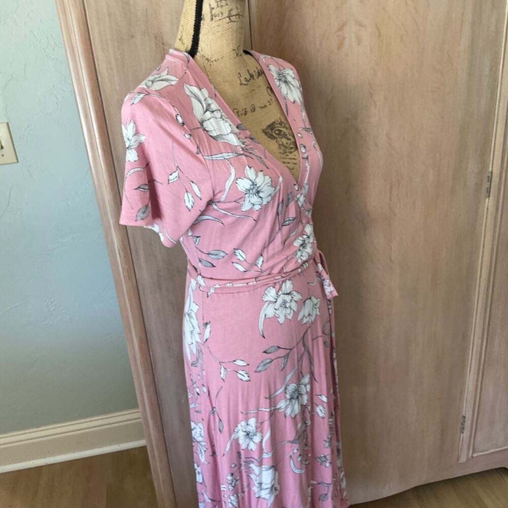 MATTY M Blush Pink faux wrap Dress Short Sleeve Jersey floral Cottagecore  L - Picture 13 of 14